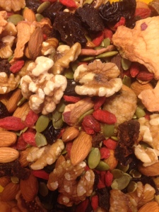 Mix your favorite nuts, dried fruit, etc. Be sure to measure 1/4 c serving for each snack!