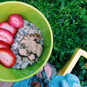 A fibrous meal: strawberries, chia seed, old-fashioned oats, and cinnamon mixed with almond milk.